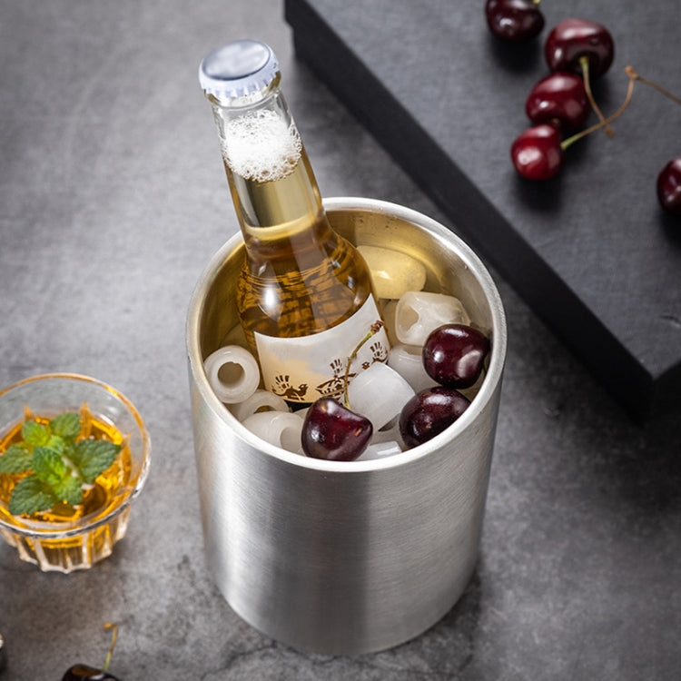 Large Capacity Thickened Stainless Steel Round Ice Bucket Bar Double-Layer Champagne Beer Barrel, 1.6L