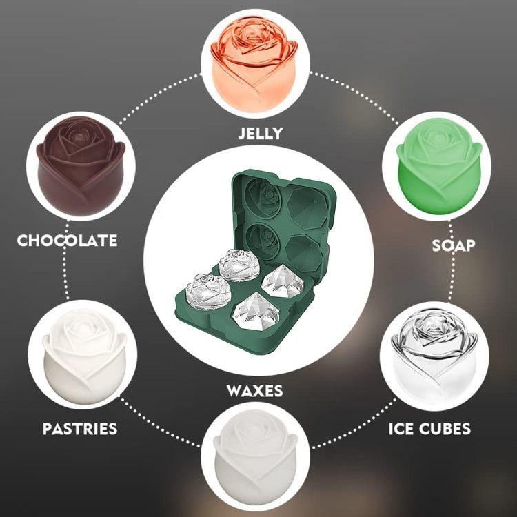 4-Holes Rose Diamond Shape Cocktail Ice Cube Molds Silicone Ice Ball Maker, Rose Shape (Grey), Rose Shape (Dark Green), Rose Shape (Black), Rose Shape (Black with Ice Clip), Rose Shape (Gray with Ice Clip), Rose Shape (Dark Green with Ice Clip)