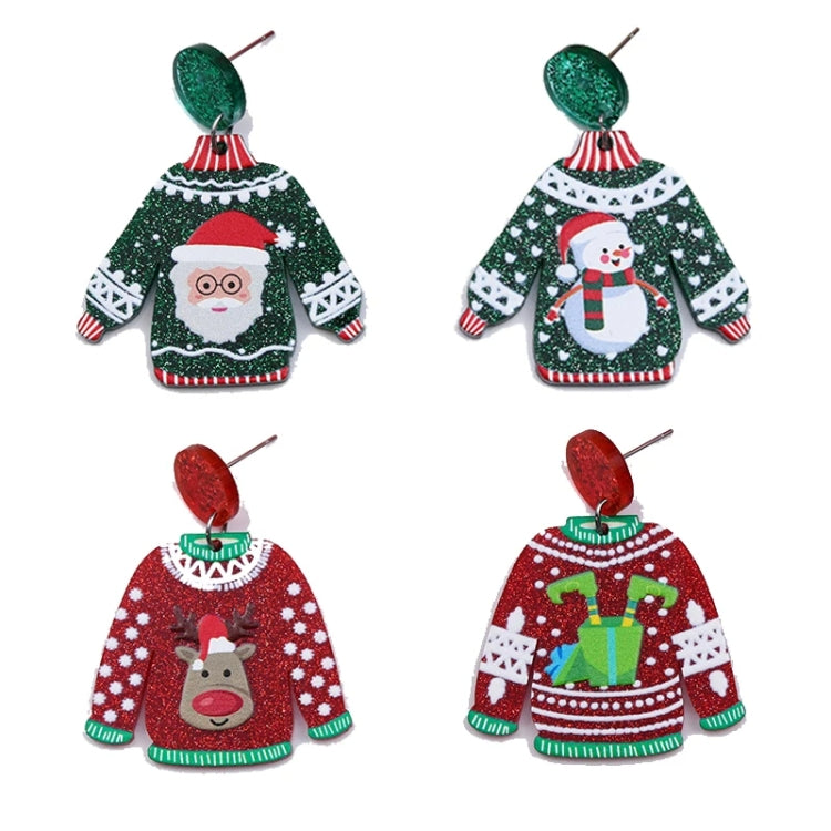 1pair Sweater Christmas Earrings Cute Elk Snowman Earstuds, Snowman Green, Old Man Green, Elk Red, Gift Box Red