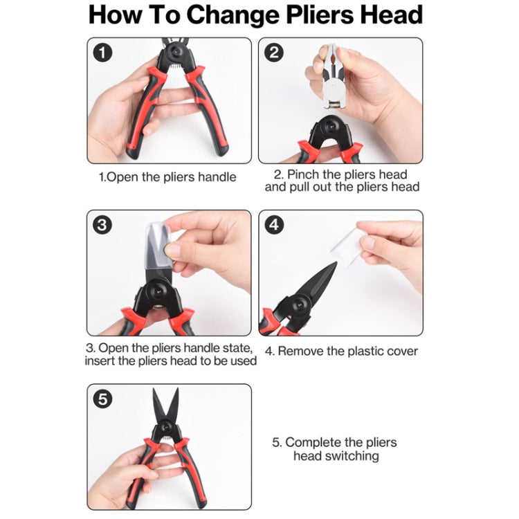 5 In 1 Combination Interchangeable Head Pliers Kit General Repair Screwdriver Pliers, Red Black, White Brown