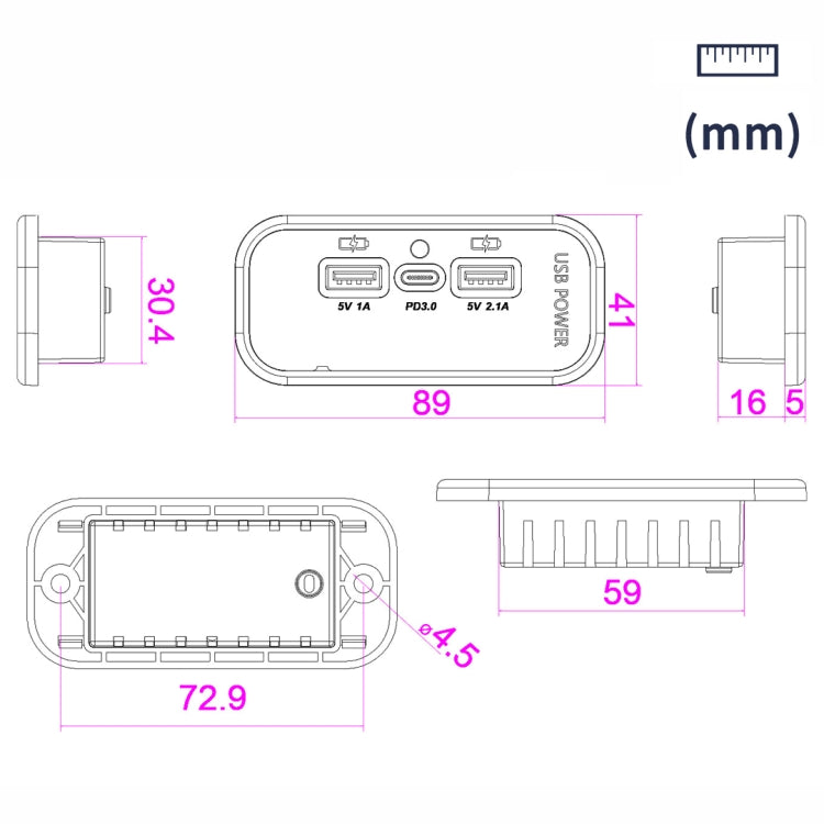 12/24V USB+Type-C Car, RV, Boat Mobile Phone Charger Modification, Silver 2.1A+1A+PD3.0