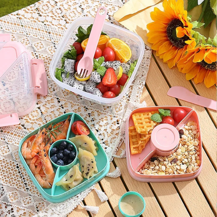 Microwaveable Double Layer Salad Container Picnic Lunch Box with Fork Spoon