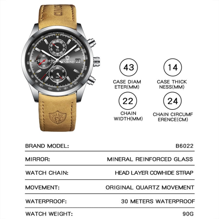 BINBOND B6022 30m Waterproof Luminous Multifunctional Quartz Watch