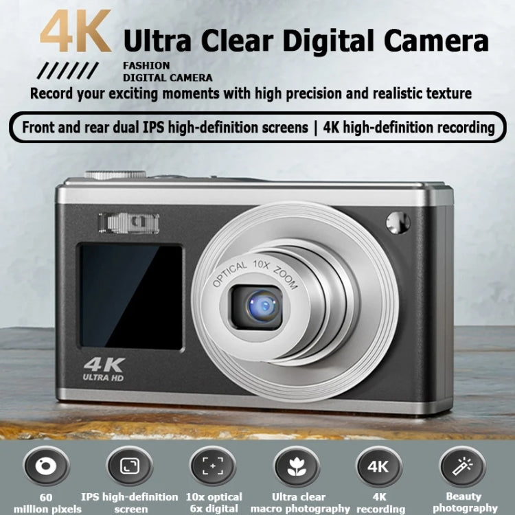 4K HD Optical Zoom Digital Camera 60MP Dual Screen Selfie Camera, No Memory
