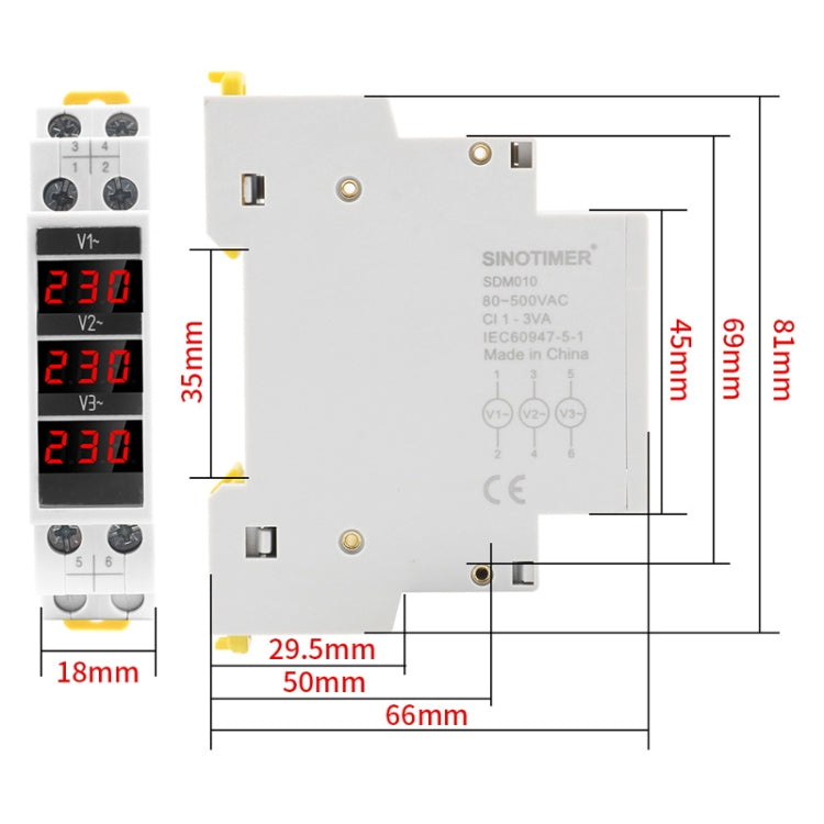 SINOTIMER SDM010 Modular Rail Type AC Three-Phase Digital Voltmeter Electronic Instrumentation
