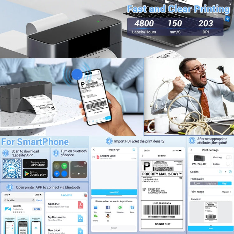 Phomemo PM245-BT Bluetooth Shipping Label Printer Support Labels Width  1- 4.6 Inch