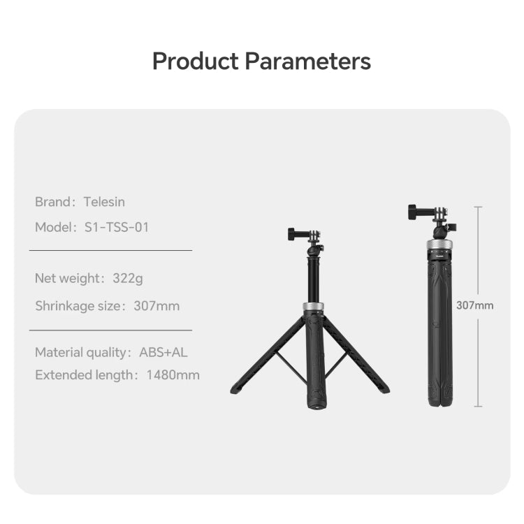 TELESIN 360 Degree Rotation 1.5m Selfie Stick Foldable Tripod For GoPro Hero / Insta360 / DJI Osmo Action, S1-TSS-01