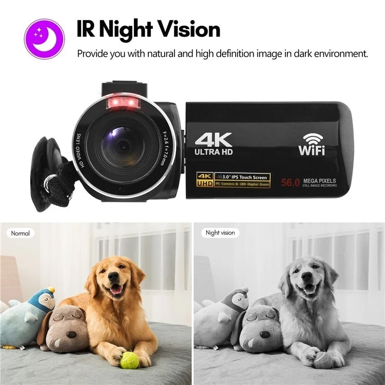 4K  Digital Video Camera 3 Inch IPS Touch Screen 56MP 18X Digital Zoom WiFi Camcorder