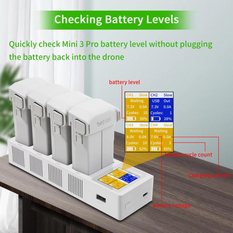 For DJI Mini 4 Pro / Mini 3 Pro / Mini 3 YX Four-Way Color Screen Charger Battery Manager, Four-Way