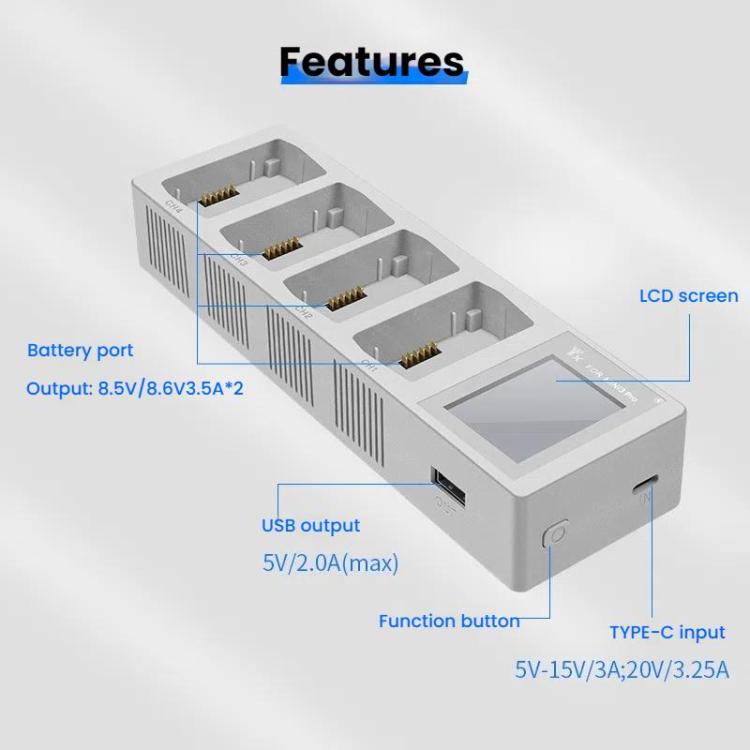 For DJI Mini 4 Pro / Mini 3 Pro / Mini 3 YX Four-Way Color Screen Charger Battery Manager, Four-Way