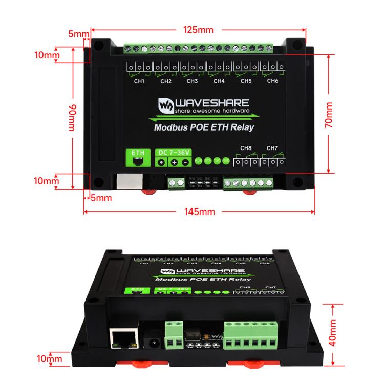 Waveshare 24964 Industrial 8-ch Ethernet Relay Module, PoE Port Communication