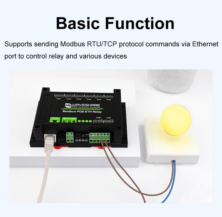 Waveshare 24964 Industrial 8-ch Ethernet Relay Module, PoE Port Communication