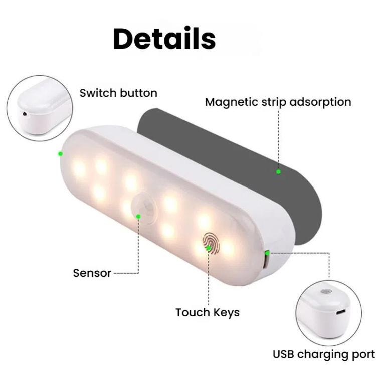 Magnetic LED Cabinet Light Motion Sensor Rechargeable Lamp 20 LEDs 3-color Temperature, A68-3A-11cm
