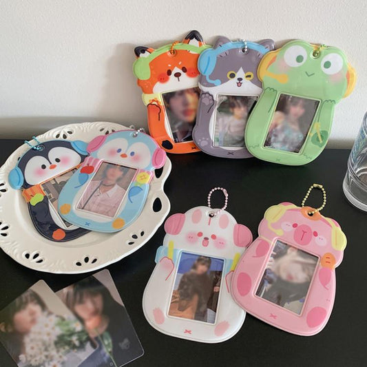 Hisocute Student Cartoon PVC Transparent Card Holder Cute Animal 3-Inch Idol Album Photo Card Case, White Bunny, Pink Bear, Green Frog