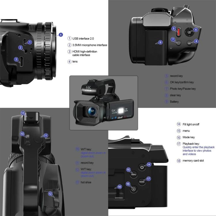 64MP 6K 18X Digital Zoom Ultra HD Video Camera With 4-Inch Touch Screen Camcorder