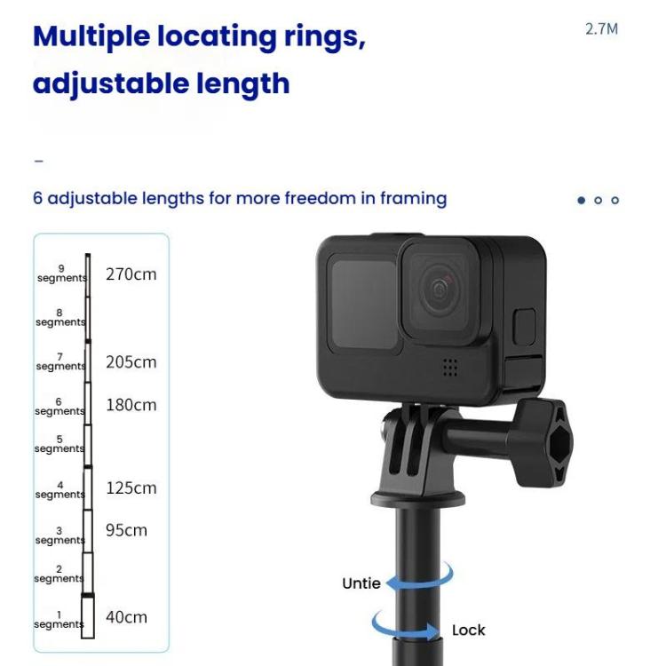 عصا سيلفي رياضية من TELESIN Gen 2 بطول 2.7 متر مصنوعة من ألياف الكربون لكاميرا GoPro HERO13 باللون الأسود / Insta360