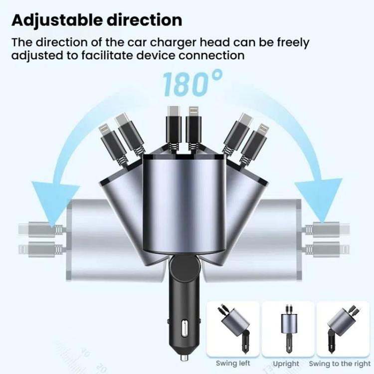 100W Metal Car Retractable Cable Cigarette Lighter Charger, 8 Pin+TYPE-C, 8 Pin+8 Pin (2.4A), TYPE-C+TYPE-C (PD+QC)