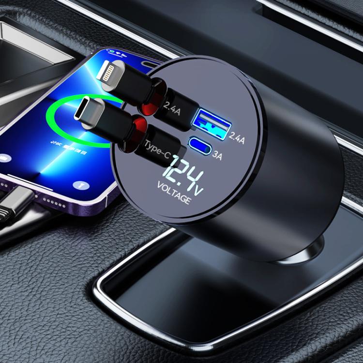 100W Metal Car Retractable Cable Cigarette Lighter Charger, 8 Pin+TYPE-C, 8 Pin+8 Pin (2.4A), TYPE-C+TYPE-C (PD+QC)