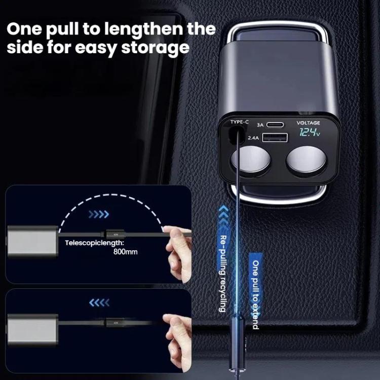 120W 1 To 2 Retractable USB Car Fast Charging Charger With Cigarette Lighter