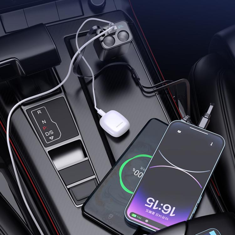 120W 1 To 2 Retractable USB Car Fast Charging Charger With Cigarette Lighter
