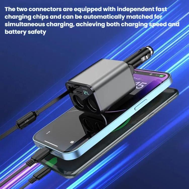 120W 1 To 2 Retractable USB Car Fast Charging Charger With Cigarette Lighter