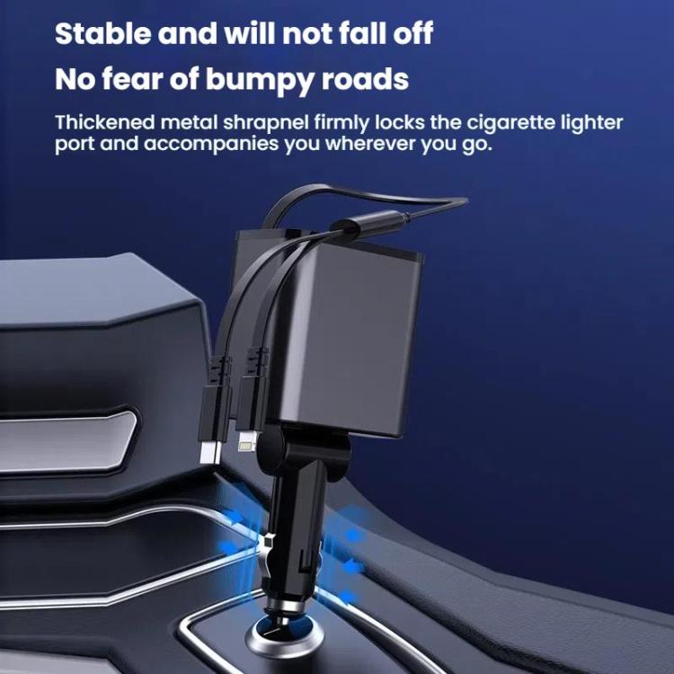 120W 1 To 2 Retractable USB Car Fast Charging Charger With Cigarette Lighter