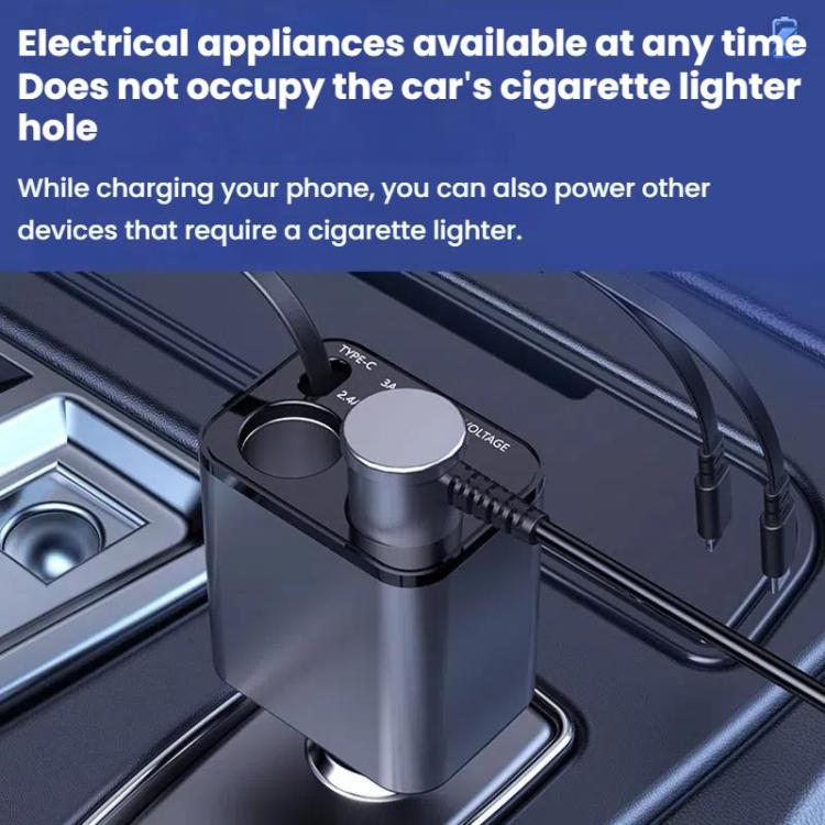 120W 1 To 2 Retractable USB Car Fast Charging Charger With Cigarette Lighter