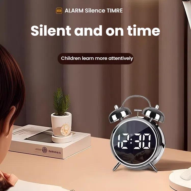 ساعة منبهة بشاشة LED تعمل لمدة 12/24 ساعة، ساعة معدنية عالية الصوت مزودة بإضاءة ليلية ومقابس للأطفال