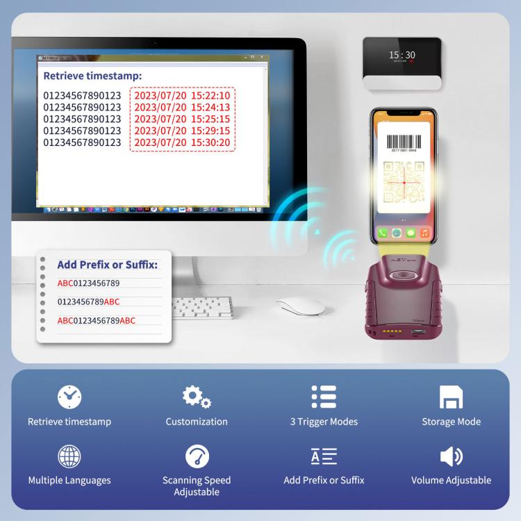 Cell Phone Back Clip Portable 1/2 Code Wireless Bluetooth Scanner