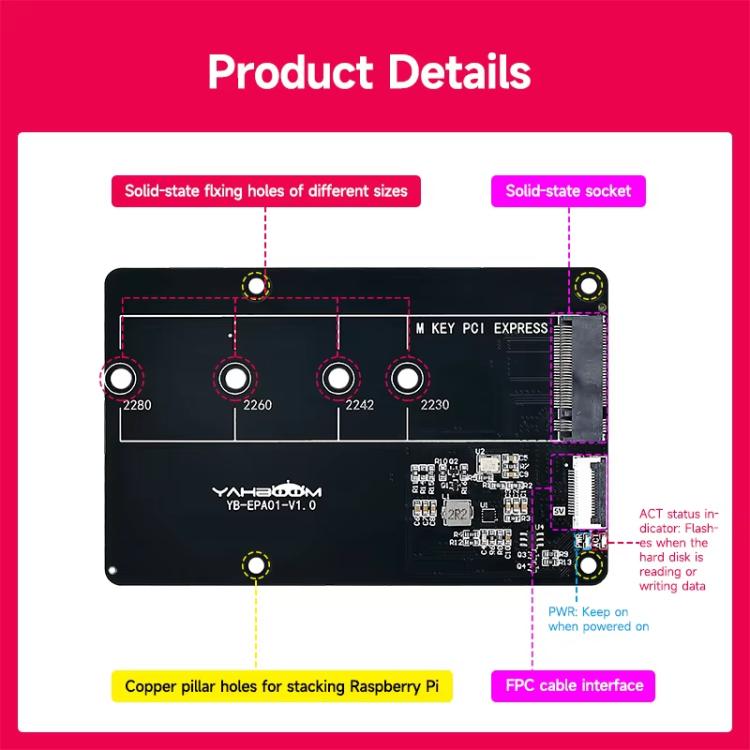 Yahboom PCIe To M.2 Adapter Expansion Board For Raspberry Pi 5 NVMe Expansion Board