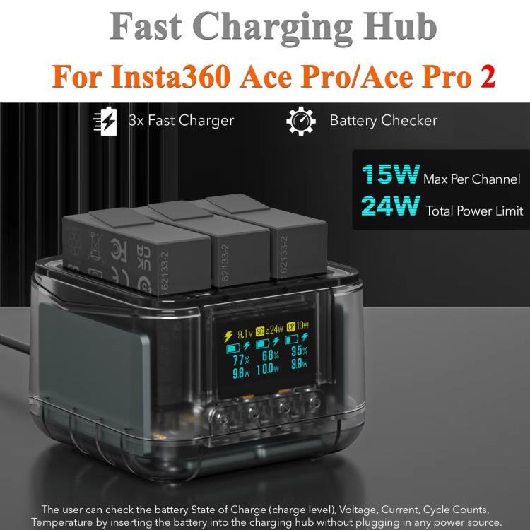 شاحن بطارية لكاميرا Insta360 Ace Pro/Ace Pro 2، محطة شحن سريع بثلاث قنوات مع شاشة OLED، لكاميرا Insta360 Ace Pro/Ace Pro 2