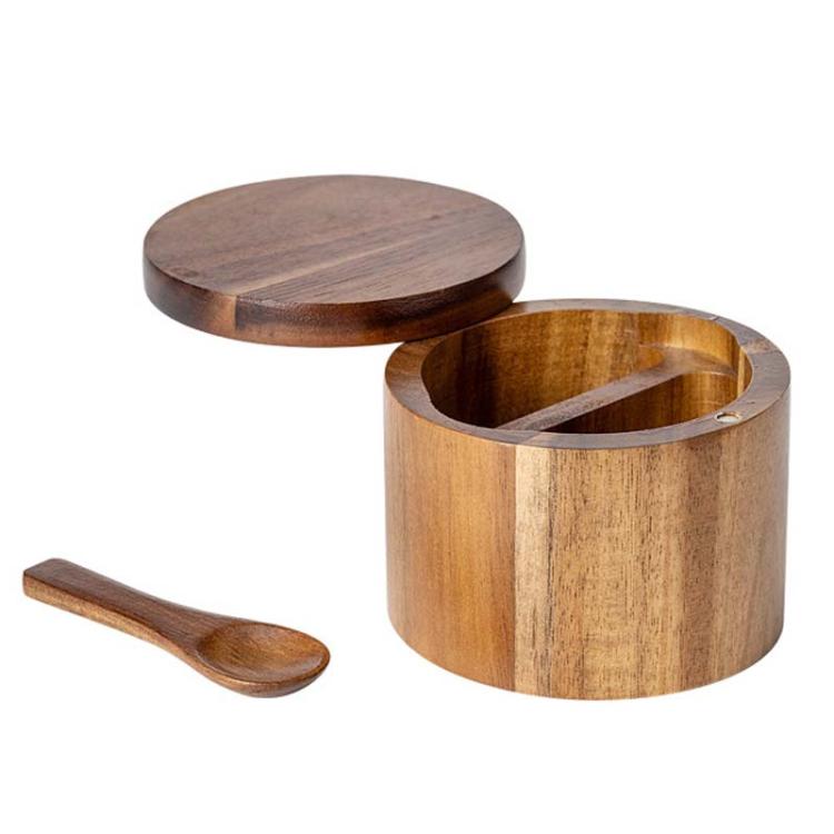 Wooden Salt Jar Storage Box Seasoning Jar With Lid And Spoon, 1 Layer Single Grid, 1 Layer Double Grid, Double Layer