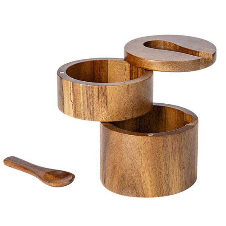 Wooden Salt Jar Storage Box Seasoning Jar With Lid And Spoon, 1 Layer Single Grid, 1 Layer Double Grid, Double Layer