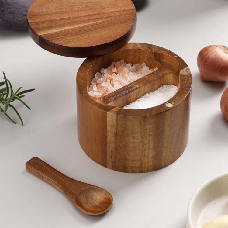 Wooden Salt Jar Storage Box Seasoning Jar With Lid And Spoon, 1 Layer Single Grid, 1 Layer Double Grid, Double Layer