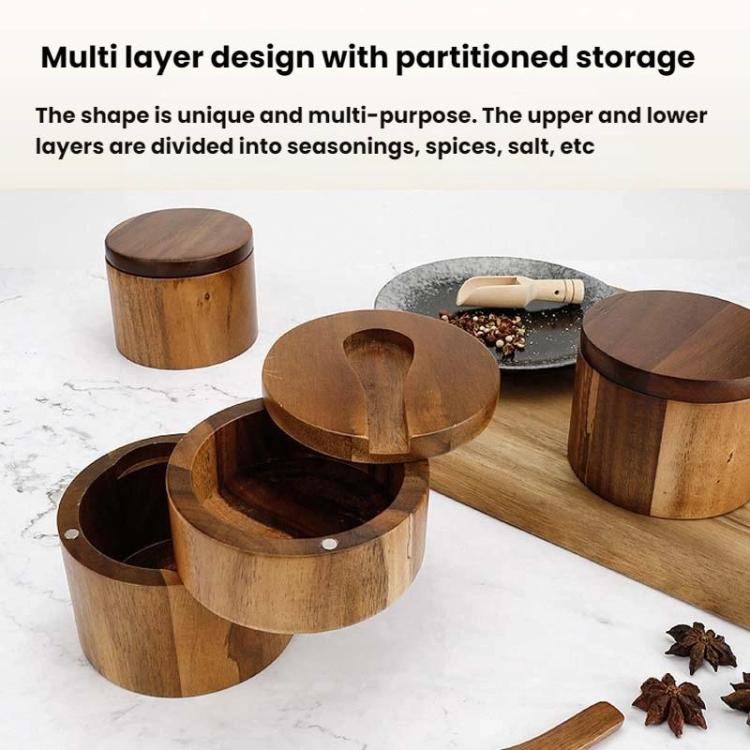 Wooden Salt Jar Storage Box Seasoning Jar With Lid And Spoon, 1 Layer Single Grid, 1 Layer Double Grid, Double Layer