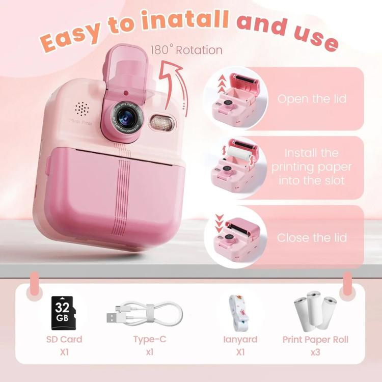 P02 Kids Instant Print Camera with 180-degree Flip Lens & 32GB Memory Card Selfie Photo Printing Toy