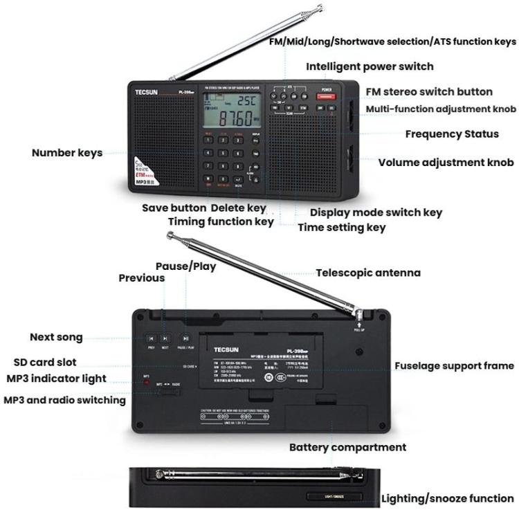 TECSUN PL-398MP Stereo Portable Full-Band Digital Tuning Radio Support SD Card Playback