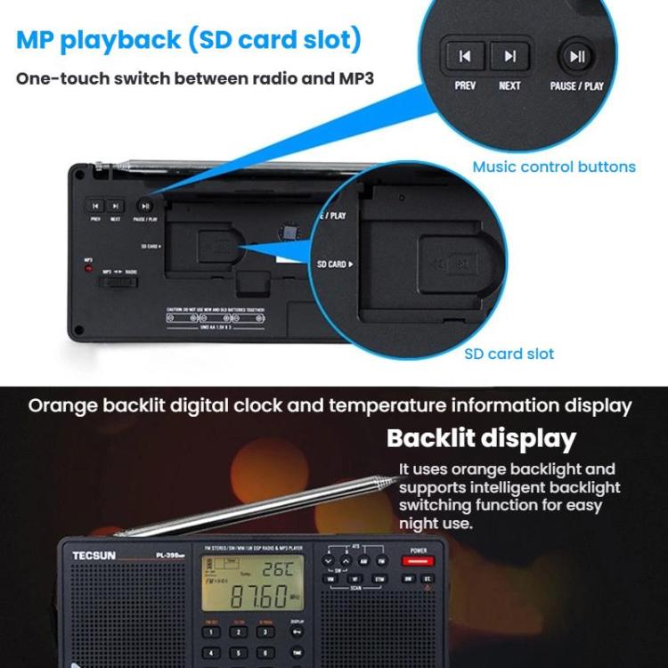 TECSUN PL-398MP Stereo Portable Full-Band Digital Tuning Radio Support SD Card Playback