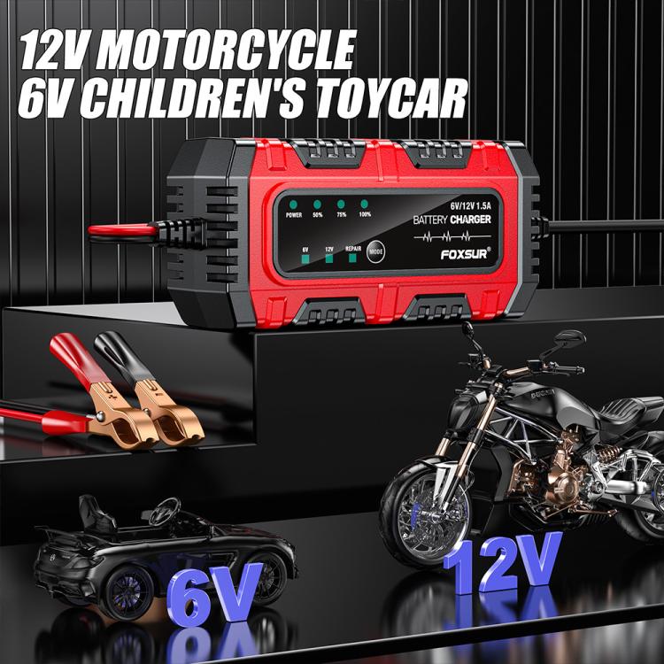 FOXSUR Smart 6V/12V 1.5A Battery Charger 4AH-30AH Lead Acid Battery Maintainer For Motorcycle/Car/ATV