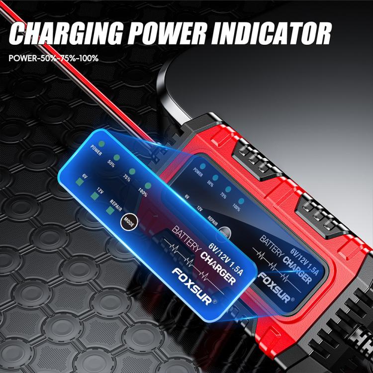 FOXSUR Smart 6V/12V 1.5A Battery Charger 4AH-30AH Lead Acid Battery Maintainer For Motorcycle/Car/ATV