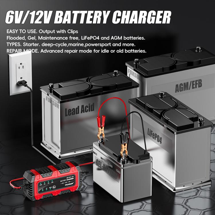 FOXSUR Smart 6V/12V 1.5A Battery Charger 4AH-30AH Lead Acid Battery Maintainer For Motorcycle/Car/ATV