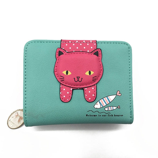 Women Cute Cat Wallet Small Zipper Wallet PU Leather Coin Purse Card Holder, Cat Black, Cat Blue, Cat Green, Cat Pink, Cat Rose Red