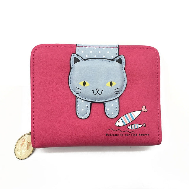 Women Cute Cat Wallet Small Zipper Wallet PU Leather Coin Purse Card Holder, Cat Black, Cat Blue, Cat Green, Cat Pink, Cat Rose Red