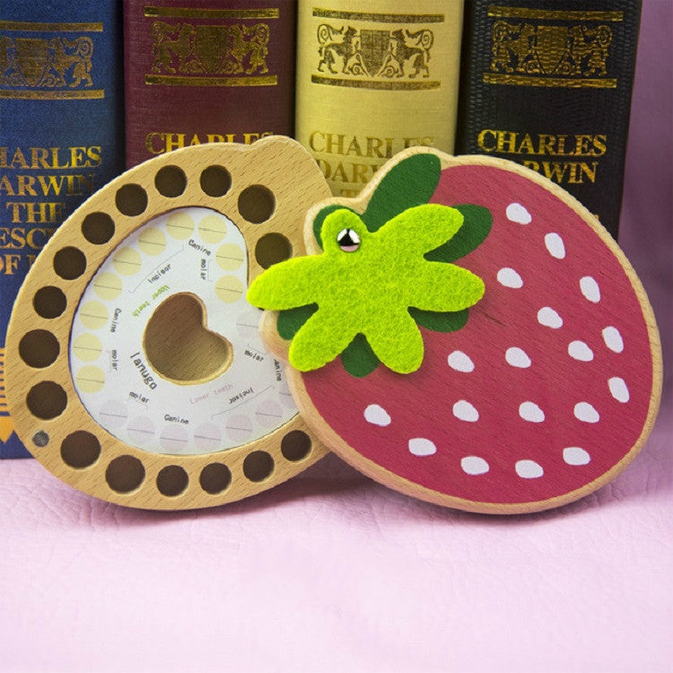 Strawberry Preserved Baby Teeth Wooden Preservation Box, Chinese Stickers, English Stickers