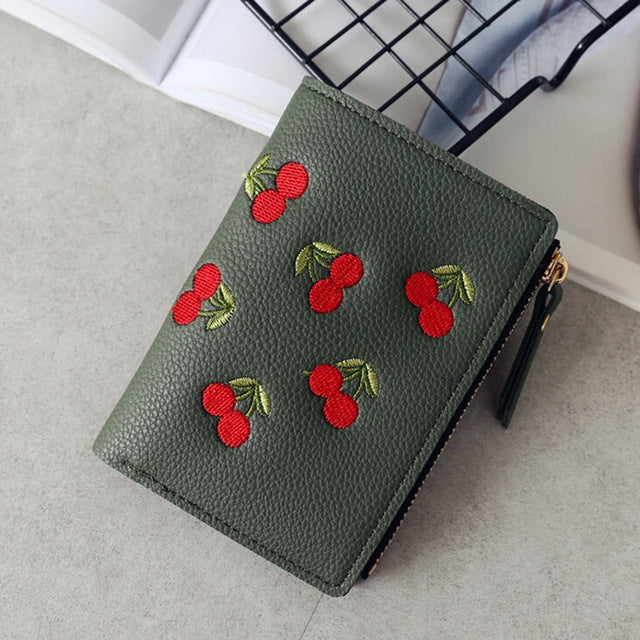 PU Leather Cherry Embroidery Coin Purse Card Holders