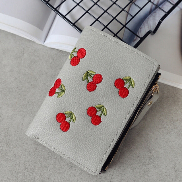 PU Leather Cherry Embroidery Coin Purse Card Holders