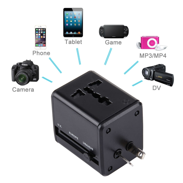محول عالمي عالمي للسفر بمقابس مخفية مع شاحن مدمج بمنفذي USB للولايات المتحدة والمملكة المتحدة وأستراليا والاتحاد الأوروبي