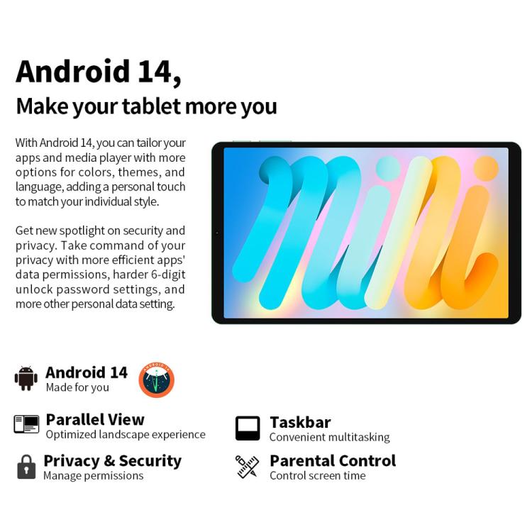 تابلت تيكلاست M50 ميني واي فاي، 4 جيجابايت + 128 جيجابايت، 8.7 بوصة، أندرويد 15، Unisoc T606 ثماني النواة، M50 ميني