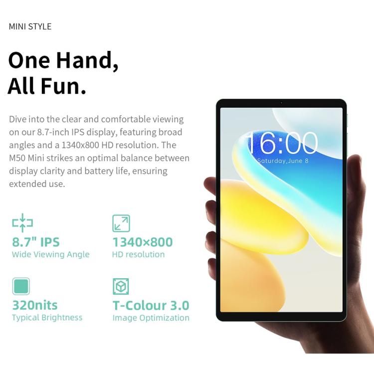 تابلت تيكلاست M50 ميني واي فاي، 4 جيجابايت + 128 جيجابايت، 8.7 بوصة، أندرويد 15، Unisoc T606 ثماني النواة، M50 ميني
