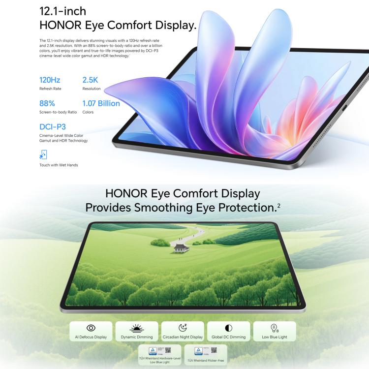 جهاز لوحي Honor Pad 10 بشاشة خفيفة الوزن وواي فاي، 12.1 بوصة، 8 جيجابايت + 256 جيجابايت، MagicOS 9.0، معالج Qualcomm Snapdragon 7 من الجيل الثالث، ثماني النواة، شاشة خفيفة الوزن 8 جيجابايت + 256 جيجابايت